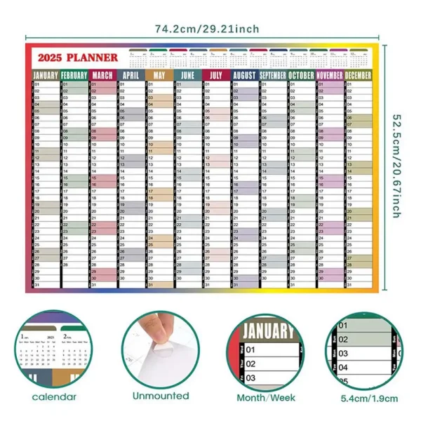 Calendario de Pared 2025 Reutilizable – Planificador Anual 74x52 cm con To-Do List y Agenda