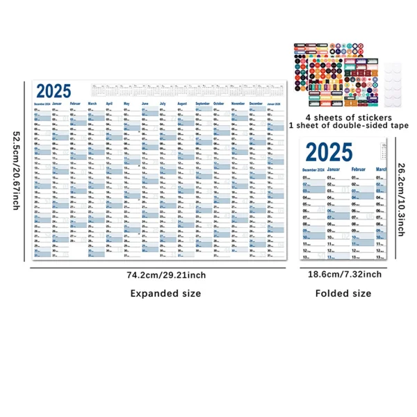 Calendario de Pared 2025 Reutilizable – Planificador Anual 74x52 cm con To-Do List y Agenda