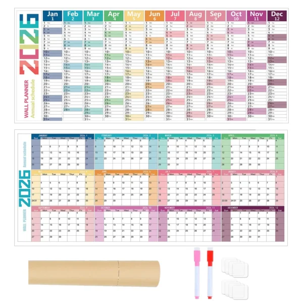 Annual Wall Calendar 2026 Dry Erase Laminated 12 Month Schedule With Pen Eraser Board Vertical Dry Erase Yearly Planner