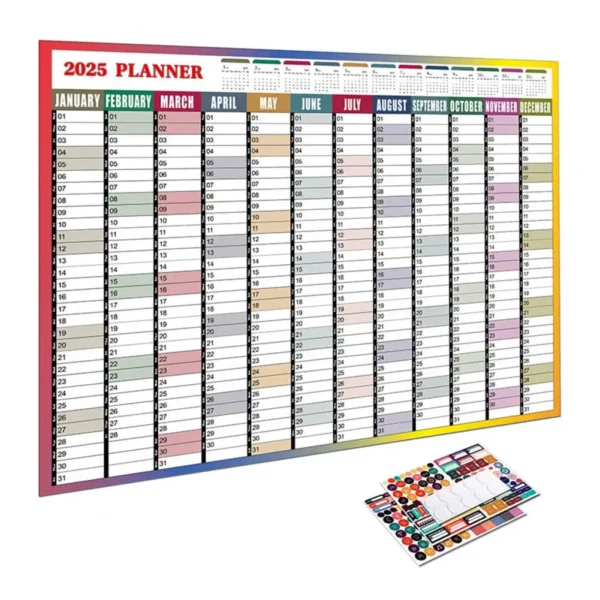 2025 Yearly Wall Calendar Full Year Annual Wall Calendar in One Page 12 Month Planner with Stickers for Office School Supplies