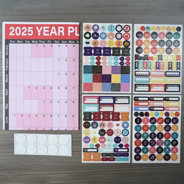 2025 Yearly Wall Calendar Full Year Annual Wall Calendar in One Page 12 Month Planner with Stickers for Office School Supplies