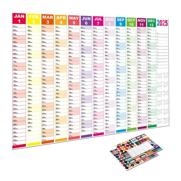 2025 Yearly Wall Calendar Full Year Annual Wall Calendar in One Page 12 Month Planner with Stickers for Office School Supplies