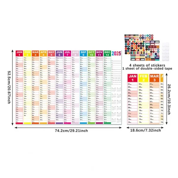 2025 Yearly Wall Calendar Full Year Annual Wall Calendar in One Page 12 Month Planner with Stickers for Office School Supplies
