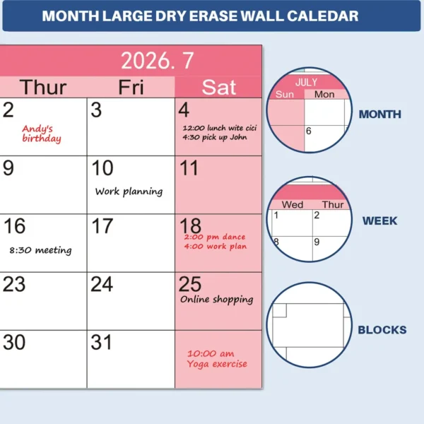 Annual Wall Calendar 2026 Dry Erase Laminated 12 Month Schedule With Pen Eraser Board Vertical Dry Erase Yearly Planner